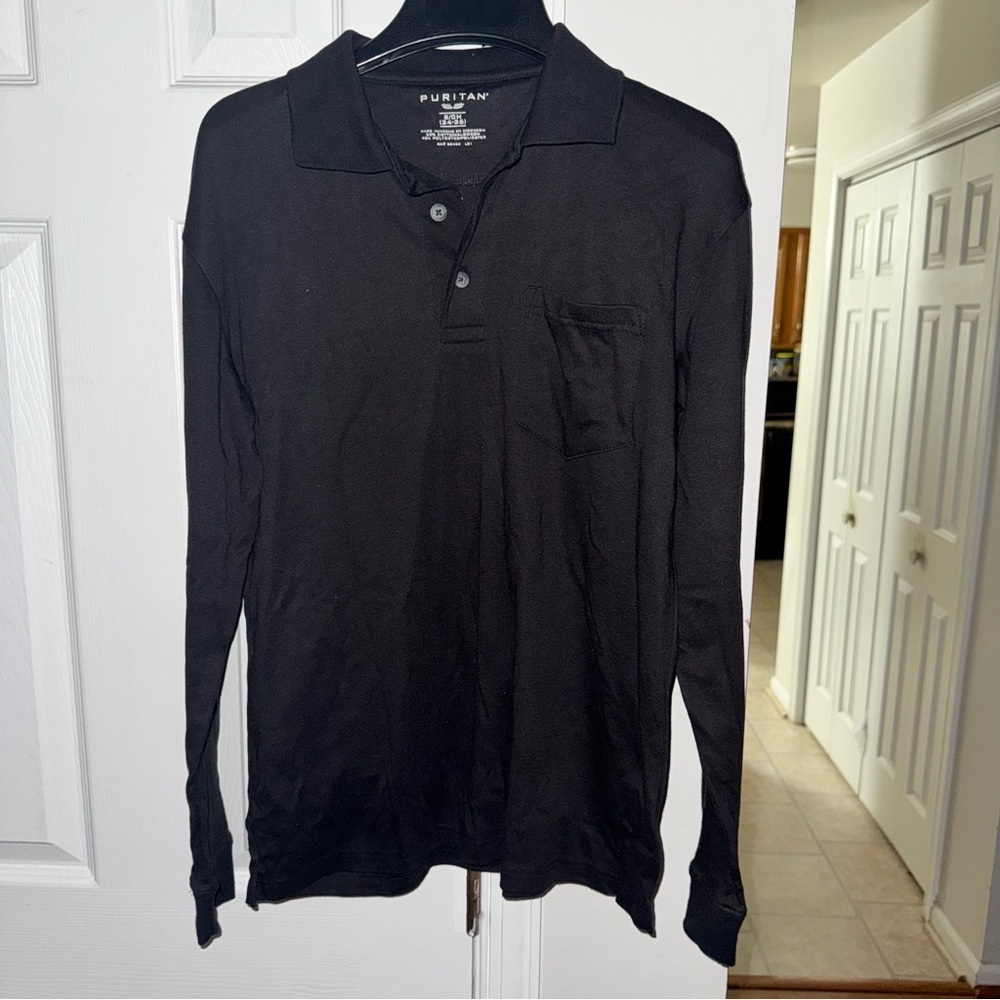 NWT Puritan Long Sleeve Polo Shirt Mens Small 34-36 Black Cotton Blend Basic Top - Picture 2 of 10